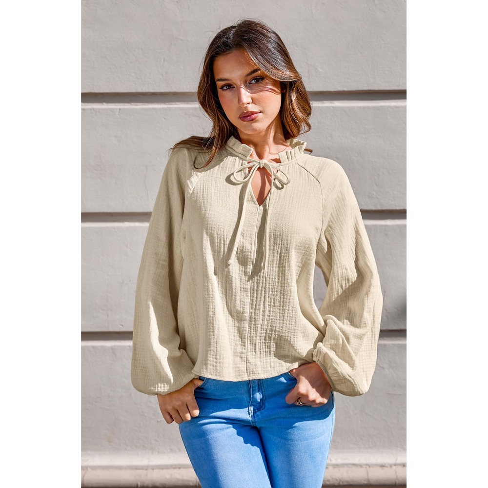 Beige Gauze Ruffle Neck Tie Blouse‎ Medium NEW